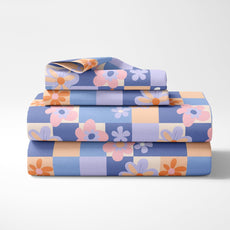 Pastel Floral Checkered Soft & Breathable 100% Cotton Flat King Bedsheet, 144 TC
